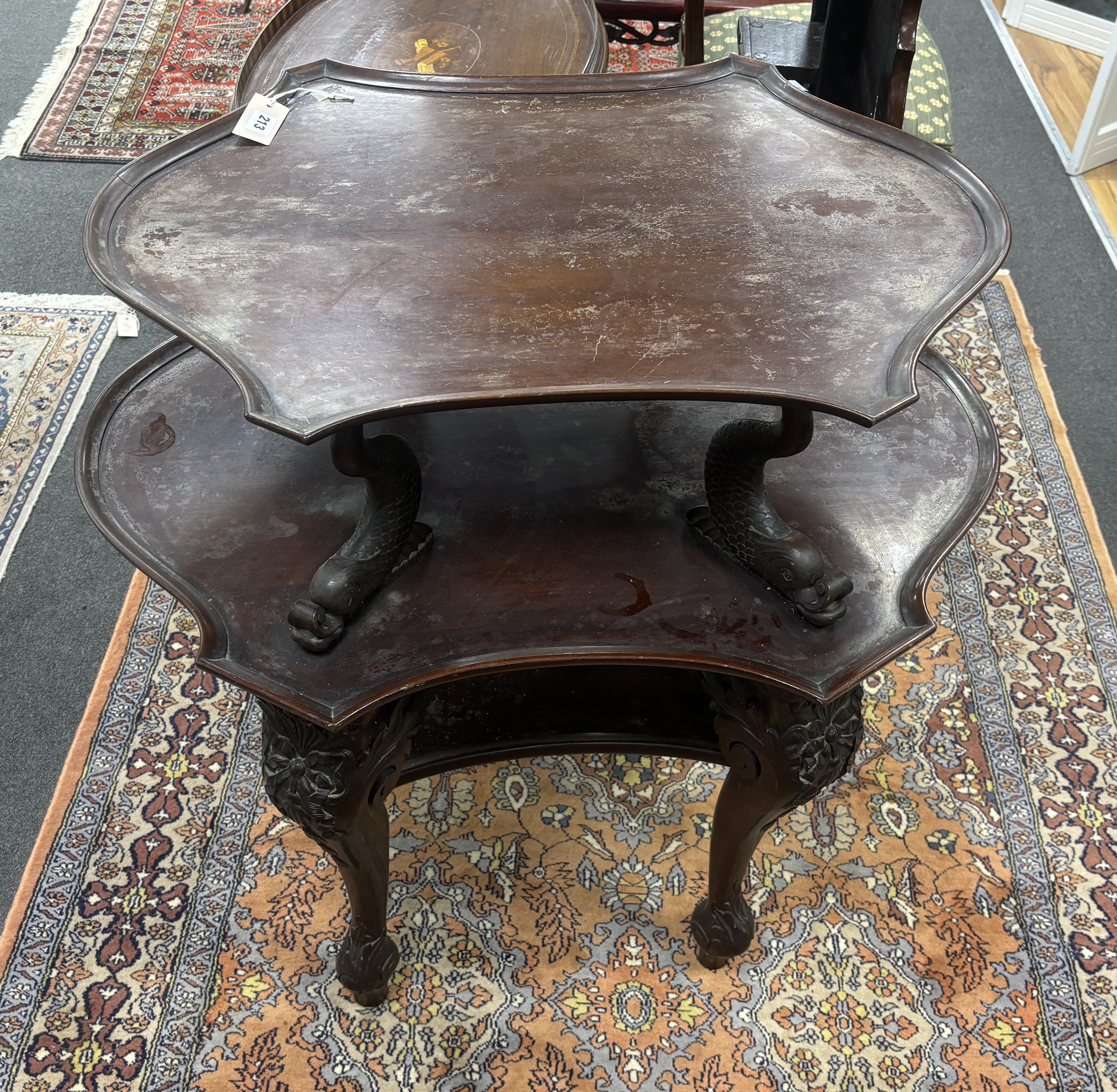 A late 19th / early 20th century Continental three tier etagere, width 91cm, depth 72cm, height 92cm